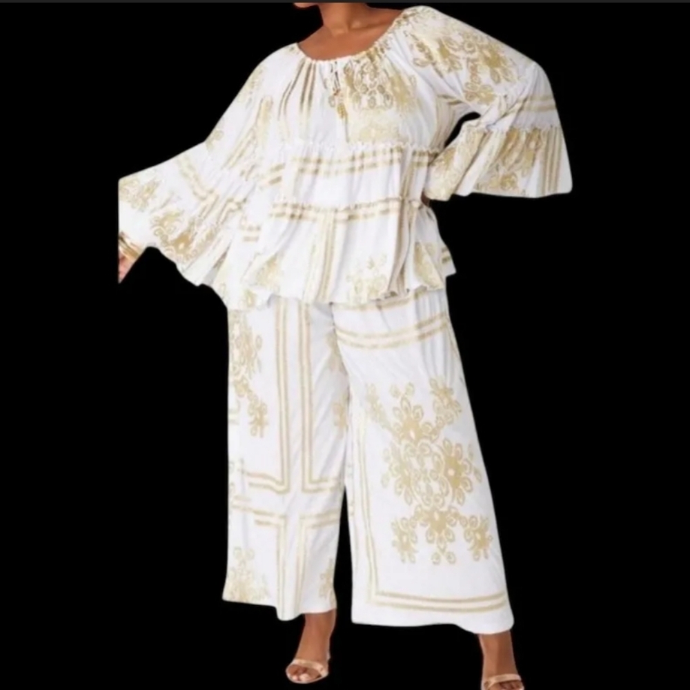 Ashley Stewart Gold Foil and White Flowy Blouse and Wide Leg Pant Set